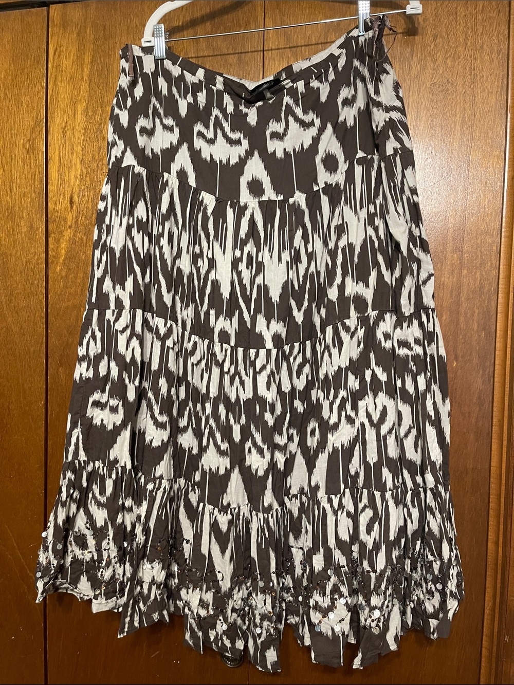 Lane Bryant 20 Tiered Brown and Cream Printed Maxi Skirt w/ Sequin Hem
